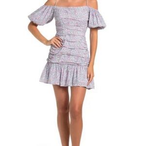 ASTR The Label L Blue Pink Ditsy Floral Puff Sleeve Mini Dress Off Shoulder